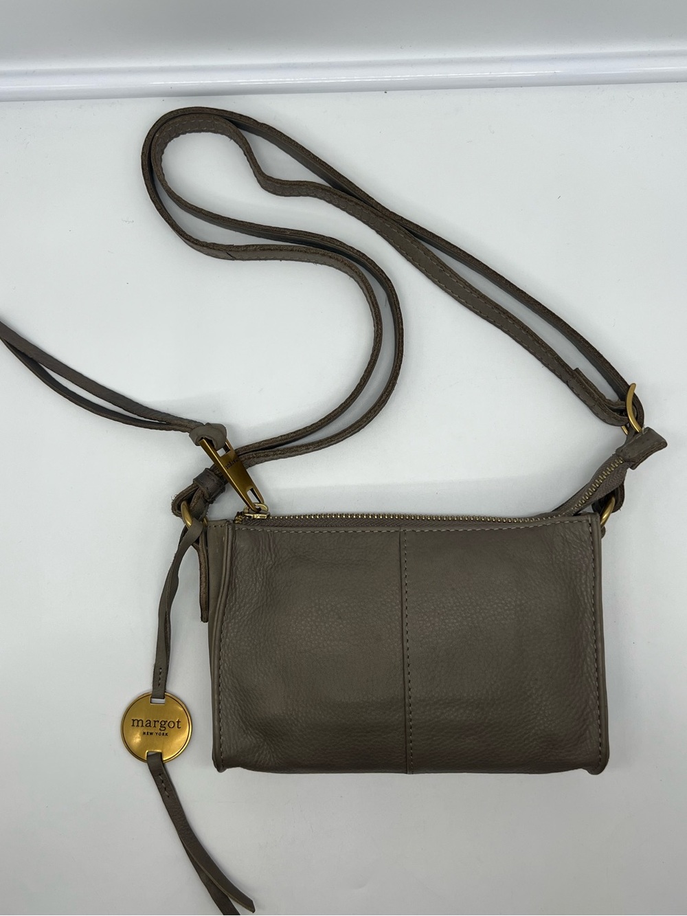 MARGOT NEW YORK HandCrafted Taupe Gray Leather Gold Hardware Small Crossbody Bag
